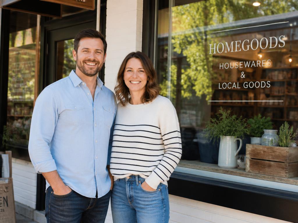 Two smiling local business owners standing in front of their storefront